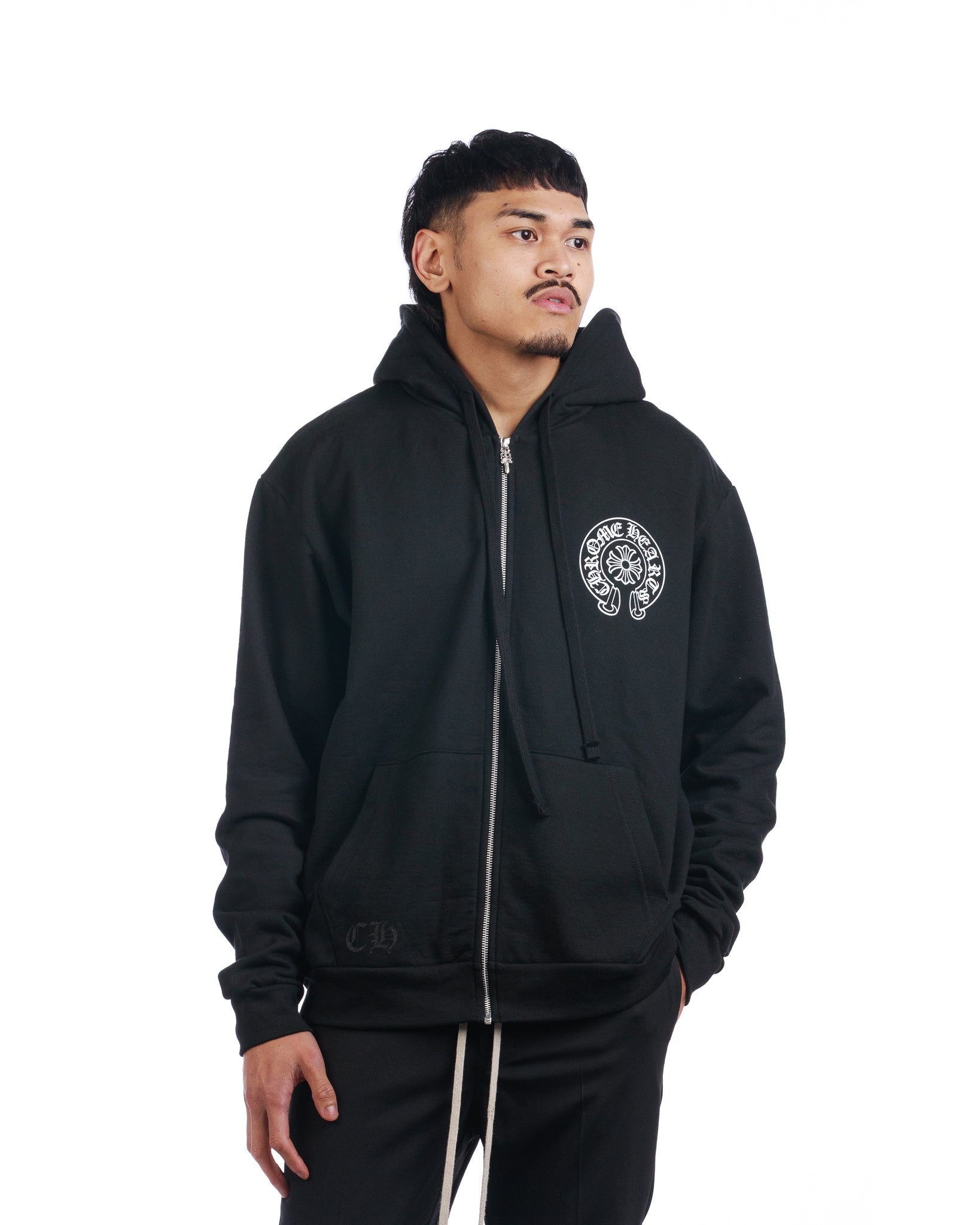 Chrome Hearts Horseshoe Floral Cross-Sleeve Zip Up Hoodie 'Black/White'